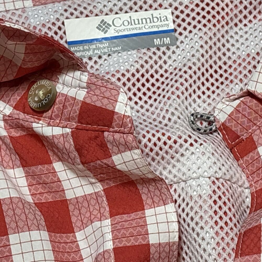Plaid Vented Omni-Shade Columbia PFG M Red Button Up Fishing Shirt Men's